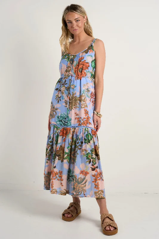 Maxi dresses with a classic a-line silhouette -Estela Blue Floral Strappy Floaty Maxi Dress