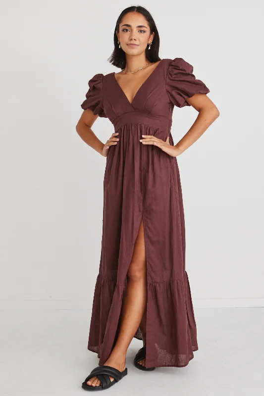 Maxi dresses with deep V neckline design -Ever After Raisin Linen Puff Sleeve Maxi Dress