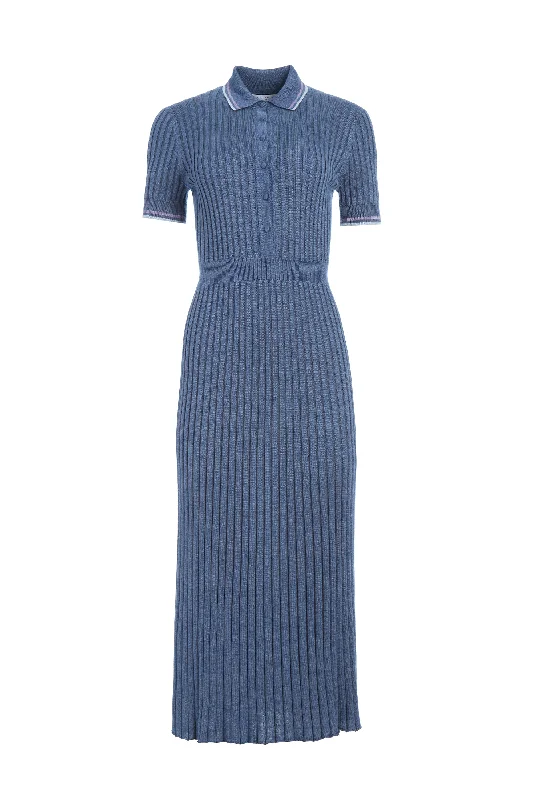 Maxi dresses with printed designs -Eyot Knit Maxi Dress in Denim Blue Cashmere Silk