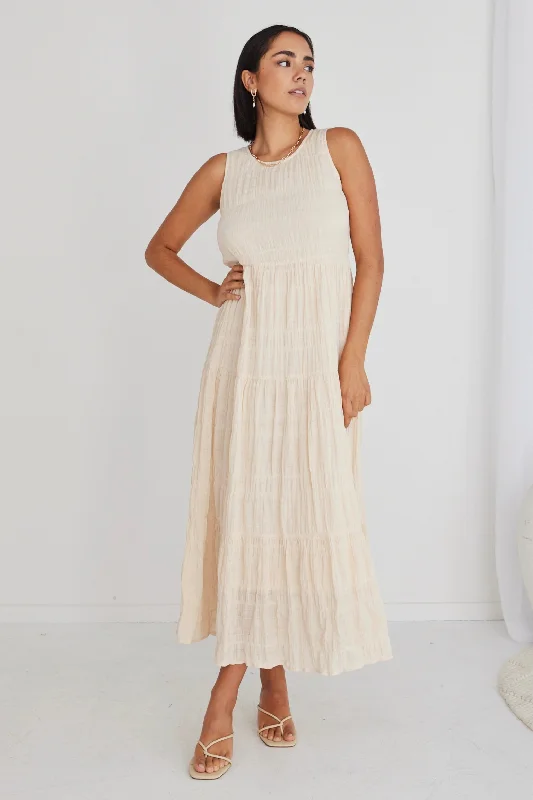 Maxi dresses with a sleek minimalist look -Florentena Ecru Shirred Cotton Bubble Sleeve Tiered Maxi Dress