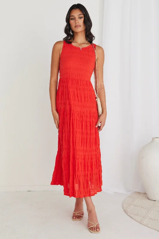 Maxi dresses with flutter hemline -Florentena Sunset Shirred Cotton Sleeveless Tiered Maxi Dress