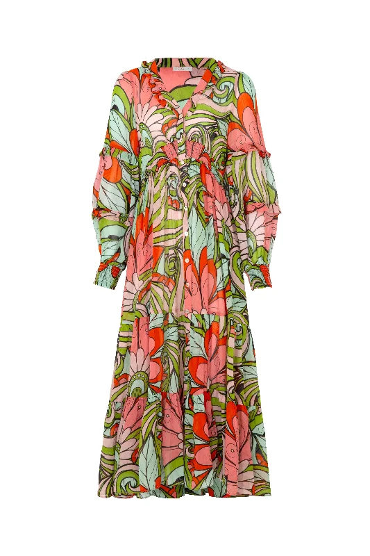 Maxi dresses for evening dinner cruises -Flowers That Vee Peach Swirl LS Maxi Dress