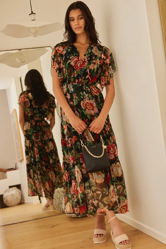 Maxi dresses for intimate gatherings -Flutter Black Floral Floaty Sleeve Maxi Dress