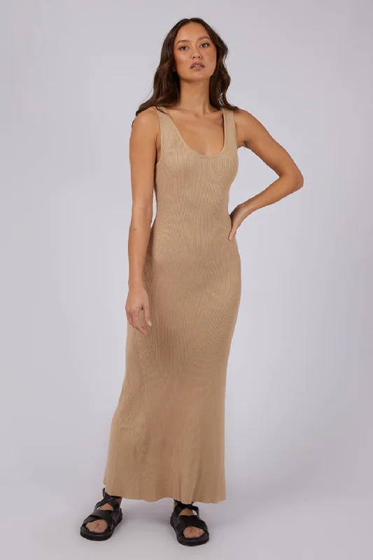 Maxi dresses with ruffled hemline -Freya Beige Knit Maxi Dress