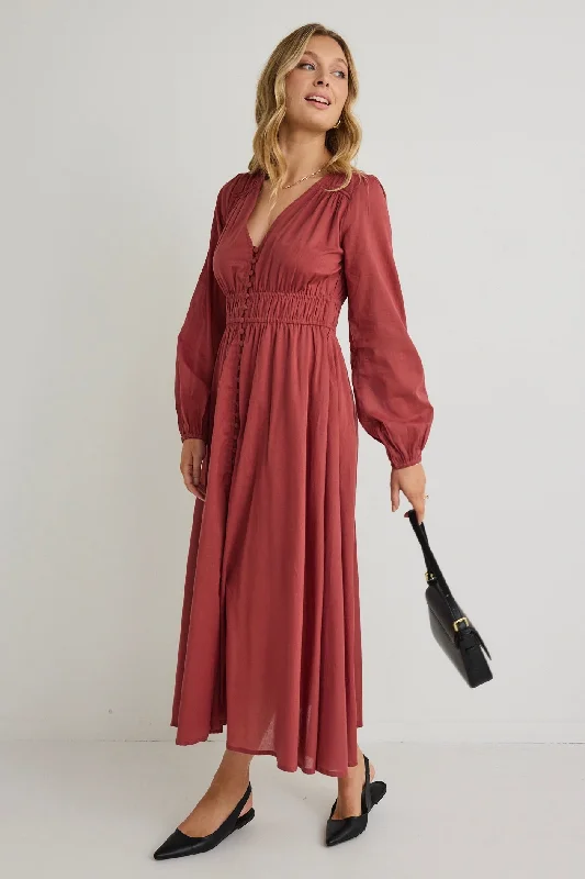 Maxi dresses for an elegant beach dinner -Gala Clay LS Button Front Tiered Maxi Dress