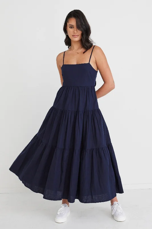 Maxi dresses with asymmetric hemline -Galaxy Navy Linen Tie Back Tiered Strappy Maxi Dress