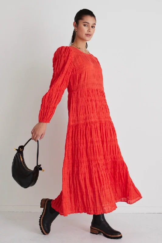 Maxi dresses for intimate gatherings -Gigi Blood Orange Shirred Cotton Ls Tiered Maxi Dress