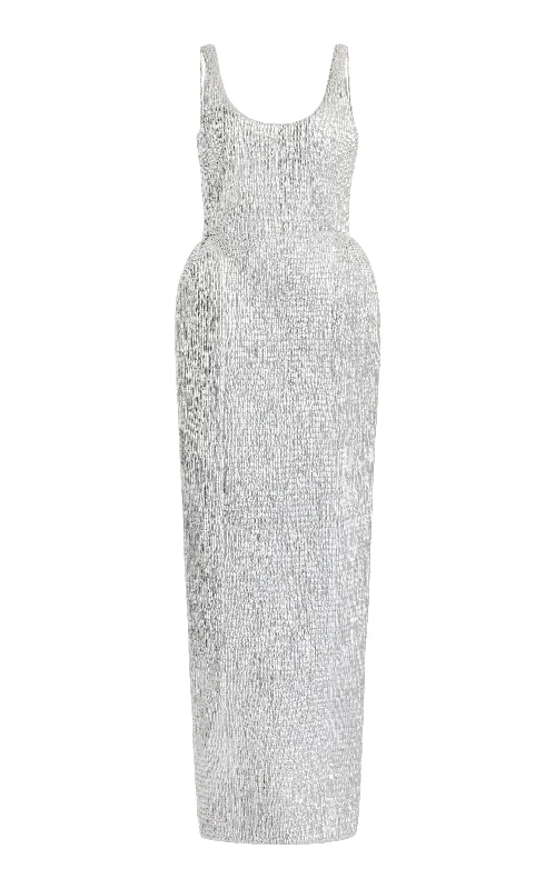 Maxi dresses for formal brunch parties -Girard Shirred Maxi Dress with Lining in Silver Metallic Nappa Leather