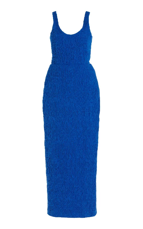 Maxi dresses with embroidered details -Girard Shirred Maxi Dress in Sapphire Aloe Linen