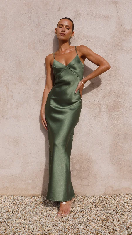 Maxi dresses with a beautiful silk satin finish -Gisella Maxi Dress - Olive