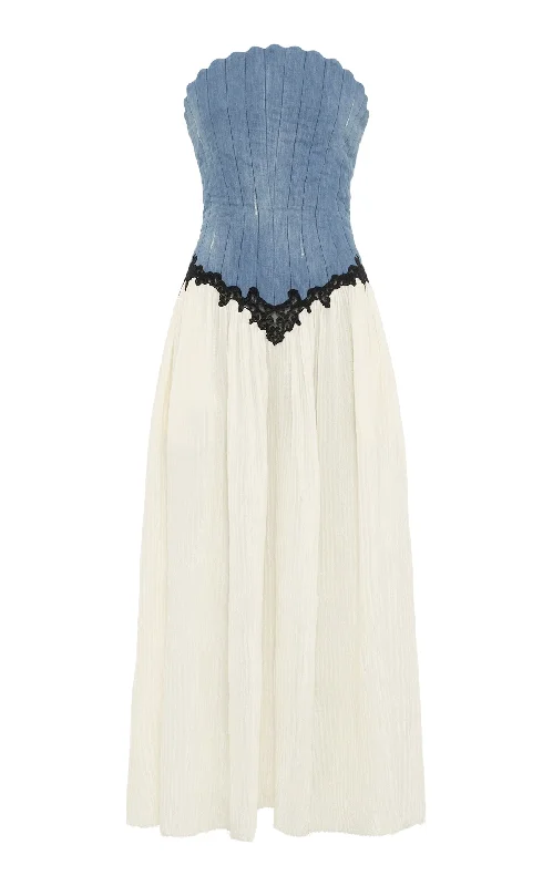 Maxi dresses with soft flowing tulle fabric -Glenn Lace Maxi Dress in Light Blue Recycled Cotton Linen Denim