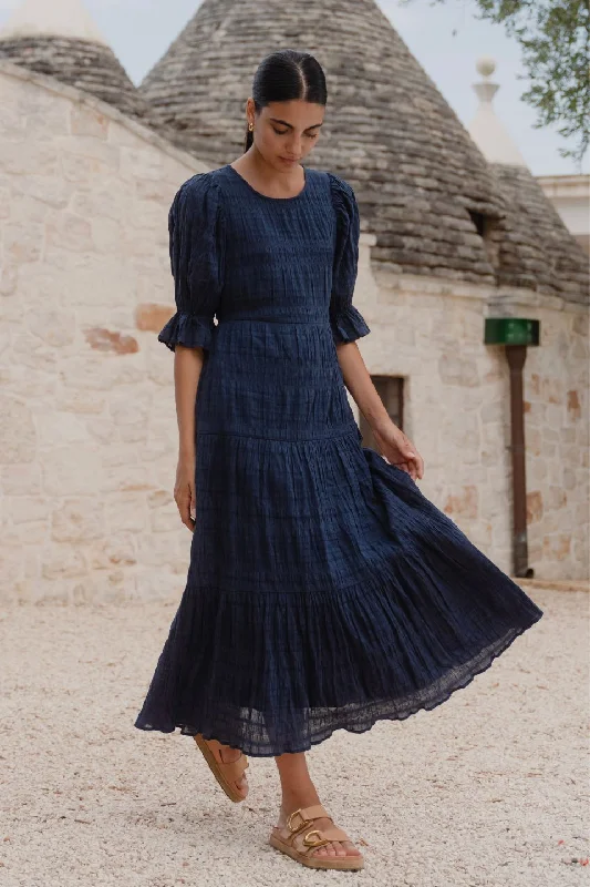 Maxi dresses with a beautiful silk satin finish -Gratitude Navy Bubble SS Tiered Maxi Dress