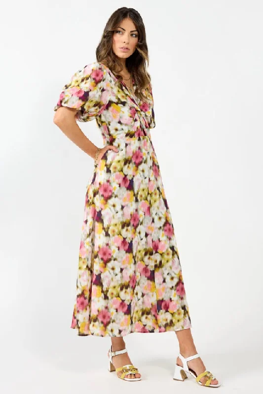 Maxi dresses for intimate beach gatherings -Halo Pink Monet Puff Sleeve Maxi Dress