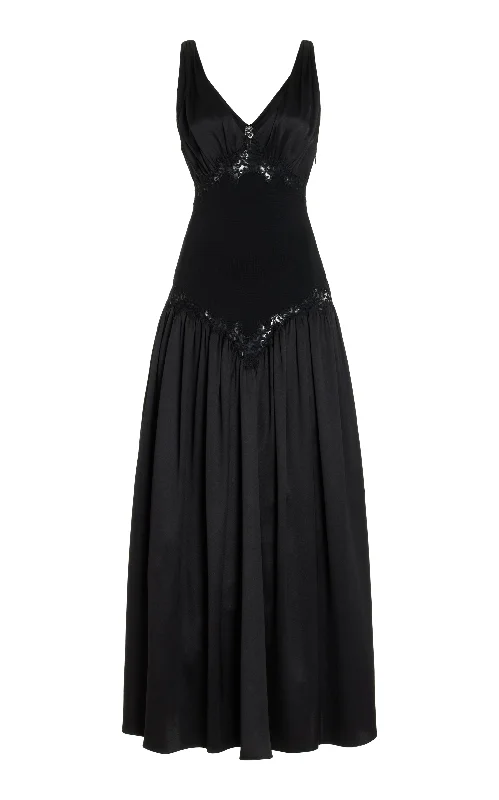 Maxi dresses for casual brunches -Highland Lace Maxi Dress in Black Silk Satin