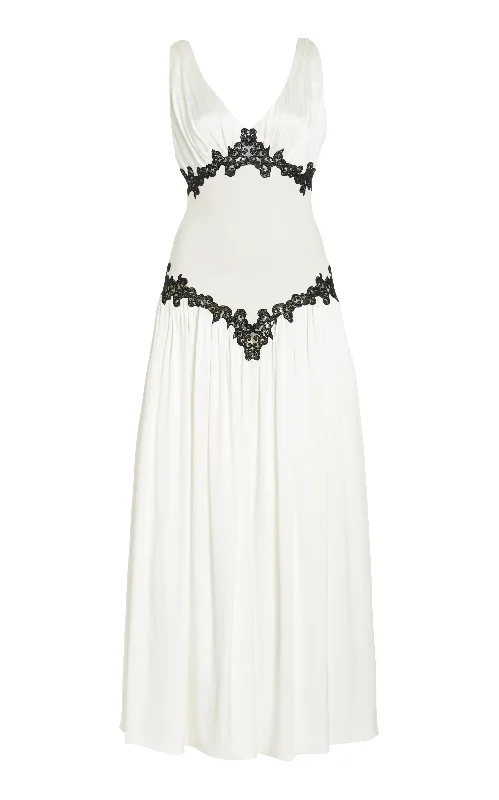 Maxi dresses for fancy holiday gatherings -Highland Lace Maxi Dress in Ivory Silk Satin