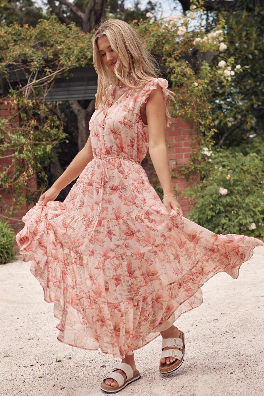 Maxi dresses for chic dinner dates -Infatuation Peach Paradise Floral Flutter Sleeve Tiered Maxi Dress