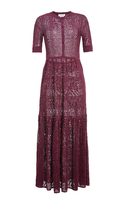 Maxi dresses with silk fabric -Iris Pointelle Knit Pleated Maxi Dress with Slip in Bordeaux Cotton Silk