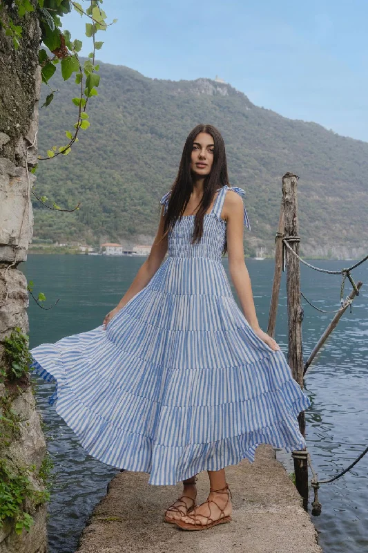 Maxi dresses for a sophisticated dinner gathering -Isabella Blue White Stripe Strappy Tiered Maxi Dress