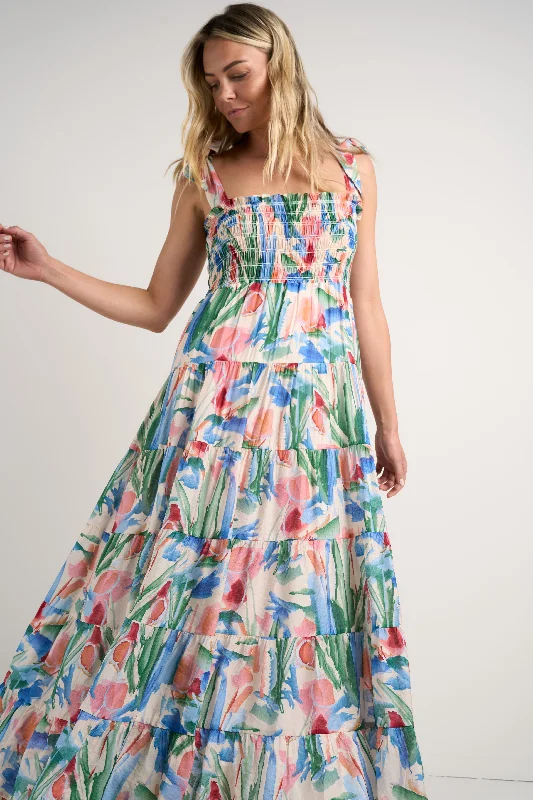 Maxi dresses with romantic chiffon fabric -Isabella Watercolour Strappy Tiered Maxi Dress