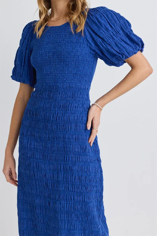 Maxi dresses for destination romantic getaways -Jade Electric Blue Puff Sleeve Ruched Maxi Dress