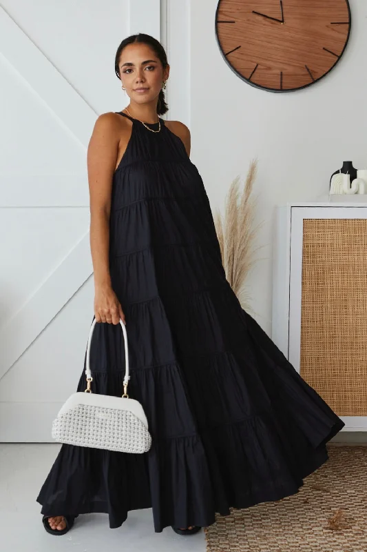 Maxi dresses with layered ruffles -Kaye Black Cotton Sleeveless High Neck Tiered Maxi Dress