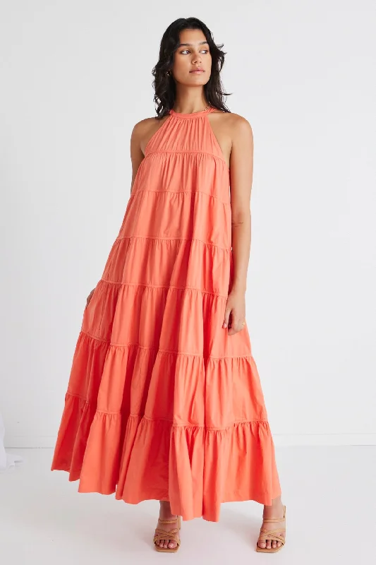 Maxi dresses for intimate birthday dinners -Kaye Watermelon Sleeveless High Neck Tiered Maxi Dress