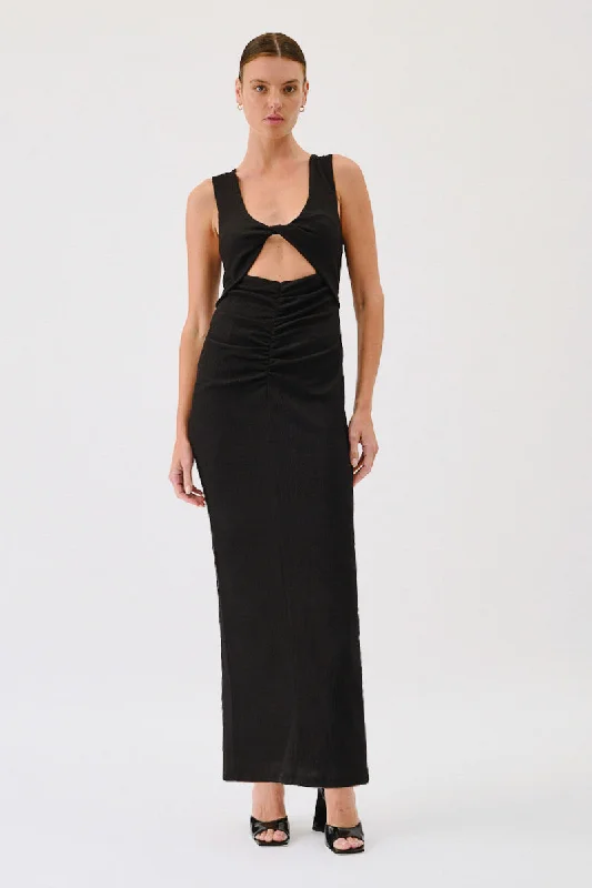 Maxi dresses with ruched design for evening wear -Kinga Sleeveless Twist Front Maxi Dress - Black