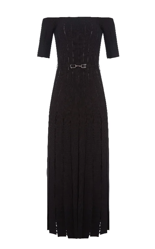 Maxi dresses with lace panels -Kurt Knit Pleated Maxi Dress in Black Merino Wool