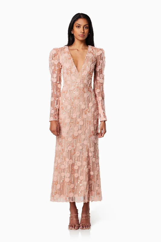 Maxi dresses with a flowing tulle skirt -La Rochelle V Shaped Maxi Gown In Pink