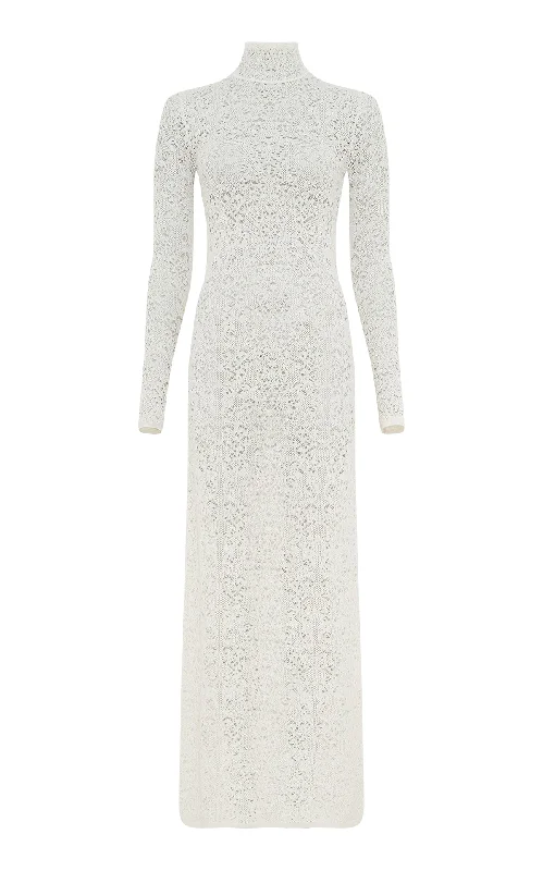 Maxi dresses with intricate lacework for special occasions -Lethe Pointelle Knit Maxi Dress in Ivory Virgin Wool Silk