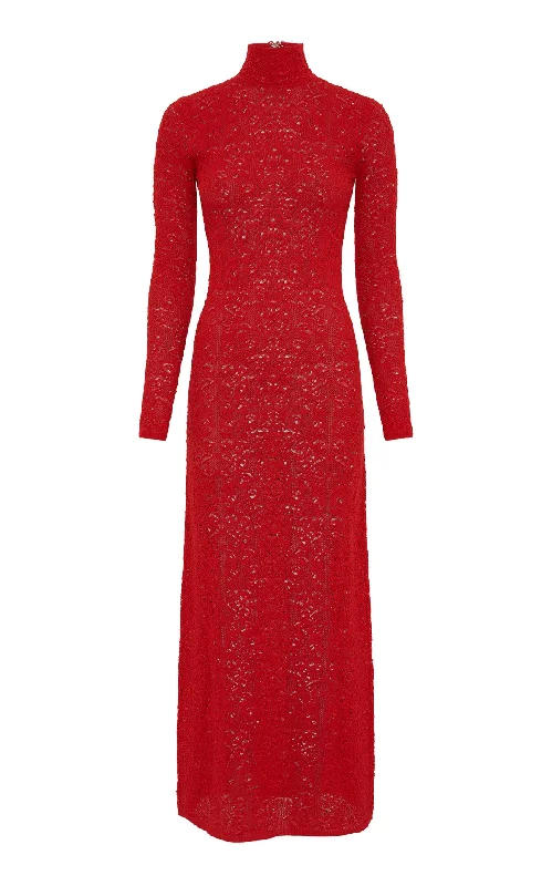 Maxi dresses with luxurious chiffon skirt -Lethe Pointelle Knit Maxi Dress in Scarlet Red Virgin Wool Silk