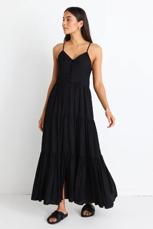 Maxi dresses for bridal parties -Lilibet Black Strappy Button Front Maxi Dress