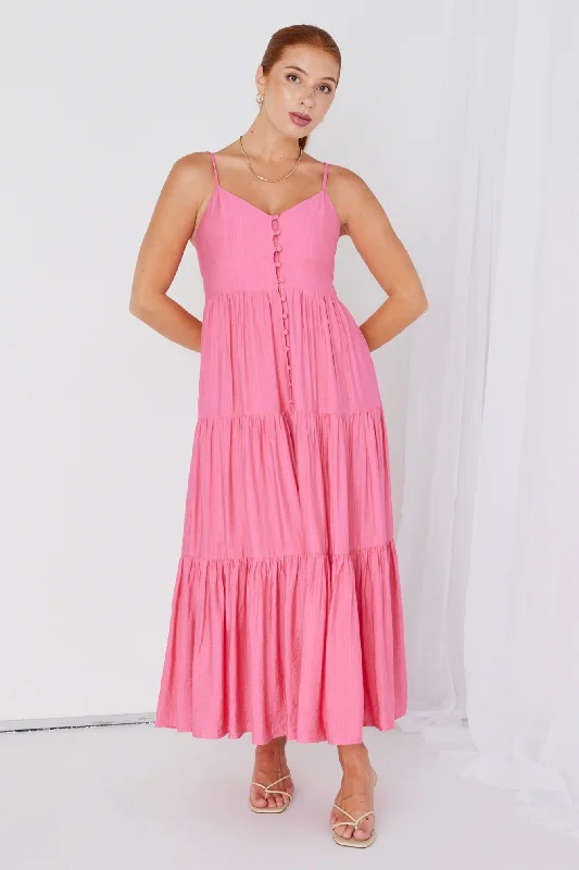 Maxi dresses with embroidered details -Lilibet Coral Strappy Button Front Maxi Dress