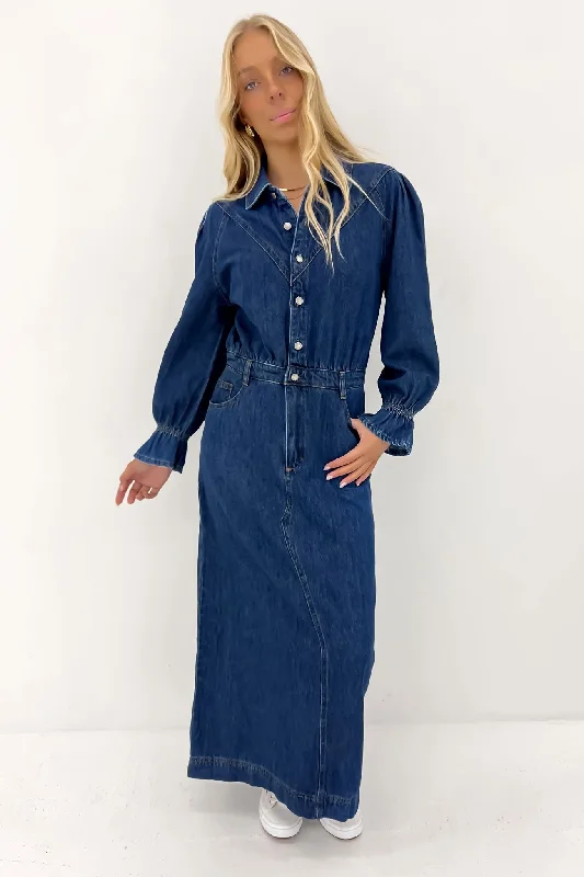 Maxi dresses with flutter sleeves -Macey Denim Maxi Dress Mid Blue