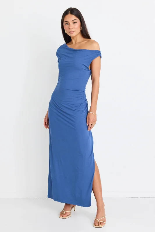 Maxi dresses for family gatherings by the beach -Magic Mid Blue Jersey Off Shoulder Maxi Dress