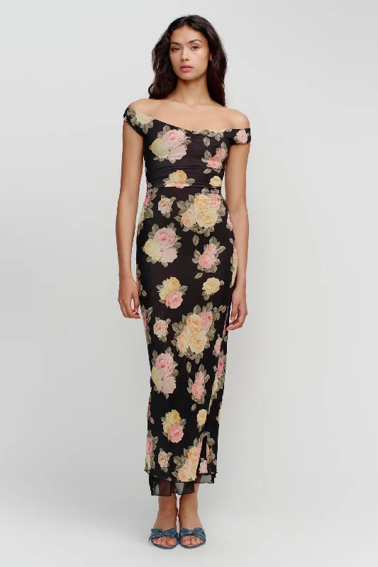 Maxi dresses with chic lace and chiffon combination -Marla Black Vintage Roses Micro Mesh Maxi Dress