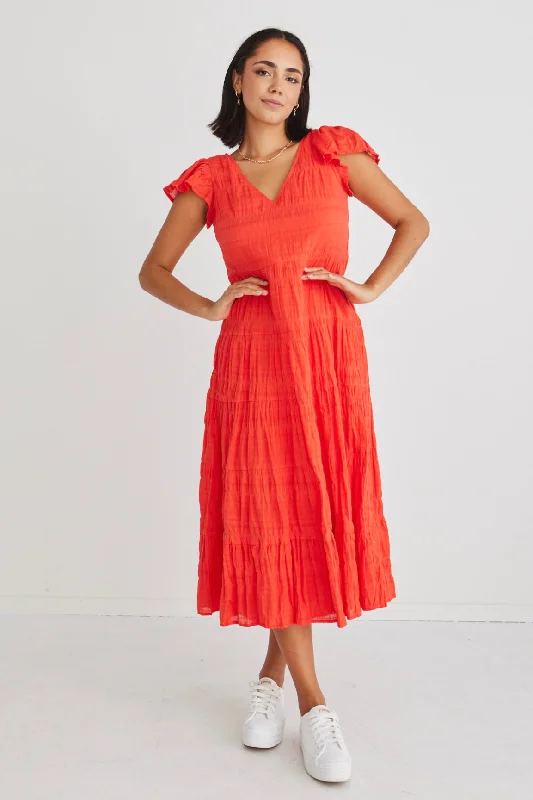 Maxi dresses for a sophisticated dinner gathering -Marley Sunset Shirred Cotton Sleeveless V-Neck Tiered Maxi Dres