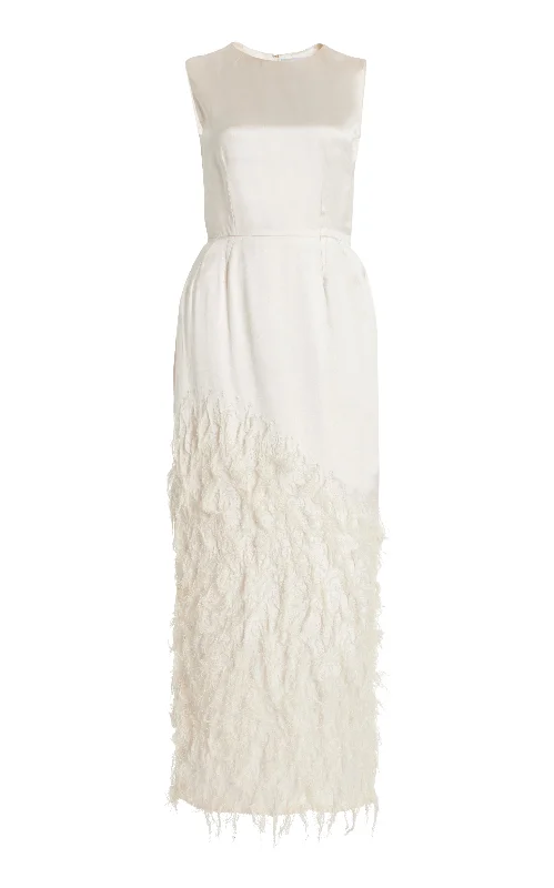 Maxi dresses with satin fabric for evening wear -Maslow Feather Maxi Dress in Ivory Silk Satin