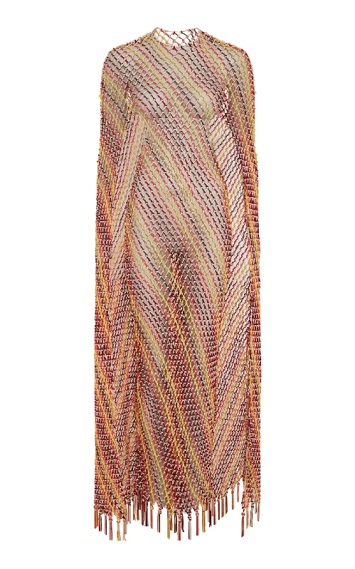 Maxi dresses with deep v-neck and backless design -Matheia Fringe Macrame Maxi Dress in Multi Silk