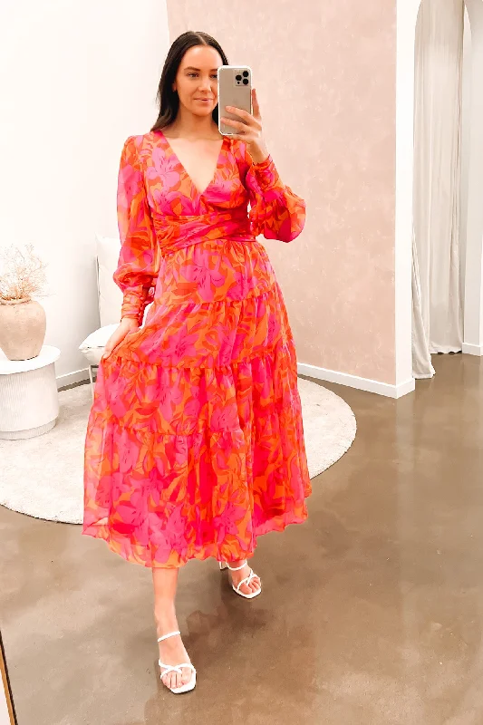 Maxi dresses with ruffled design -Mayes Maxi Dress Pink Orange