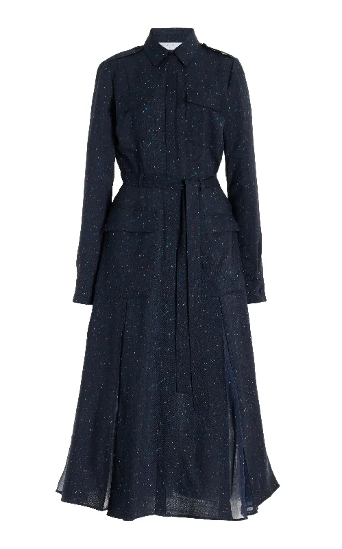 Maxi dresses for cocktail parties -Meyer Pleated Maxi Shirtdress in Dark Navy Multi Printed Wool