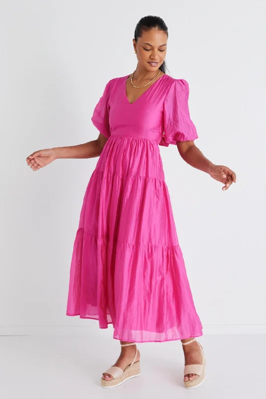 Maxi dresses for casual evening get-togethers -Musical Hot Pink Tie Back Puff Sleeve Maxi Dress