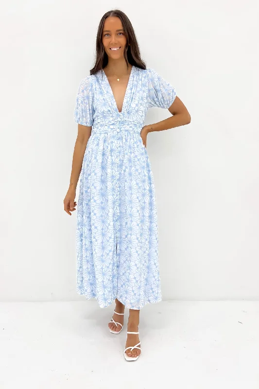 Maxi dresses with high slit -Nala Maxi Dress Blue Flower