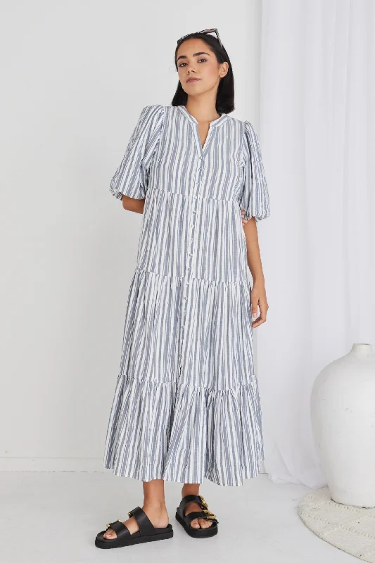 Maxi dresses with chiffon overlay design -Noya Navy Stripe Puff Ss Buttoned Tiered Maxi Dress