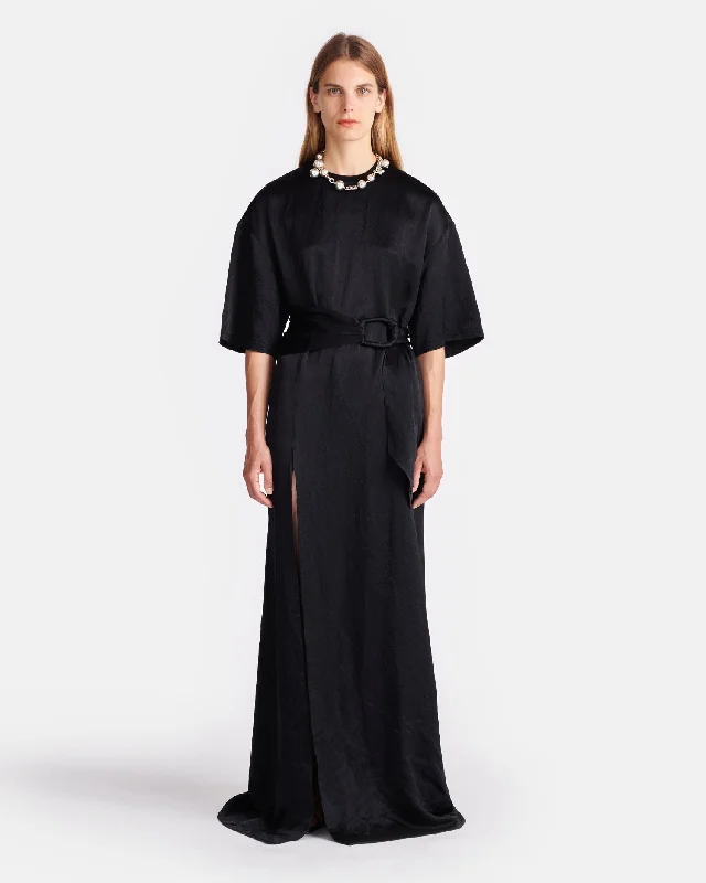 Maxi dresses for elegant resort weddings -Maelys - Belted Crinkled-Satin Maxi Dress - Black