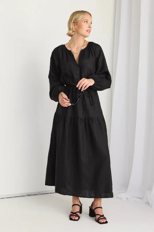 Maxi dresses for spring garden parties -Oasis Black Linen LS Raglan Maxi Dress