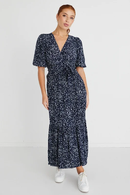 Maxi dresses for destination weddings in summer -Ocean Navy Leaves SS Wrap Maxi Dress