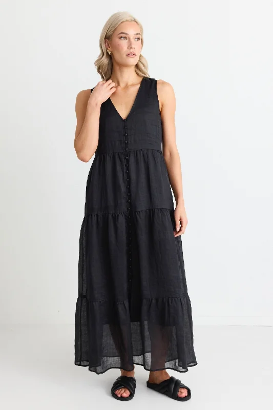 Maxi dresses with embroidered floral bodice -Pacific Black Cotton Voile Sleeveless Button Front Tiered Maxi Dress