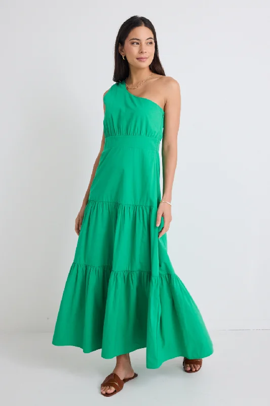 Maxi dresses for classy garden events -Parade Green One Shoulder Tiered Maxi Dress