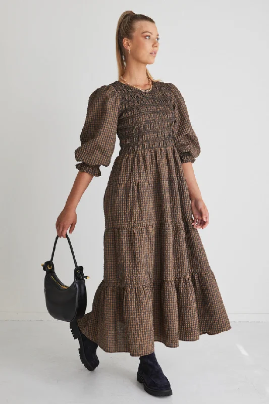 Maxi dresses with silk and lace design -Piper Toffee Gingham Shirred Bodice Tiered Maxi Dress